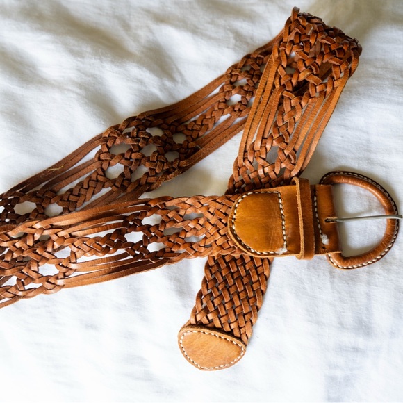 Vintage Accessories - Vintage Woven Leather Belt Brown Braided Boho Waist Belt